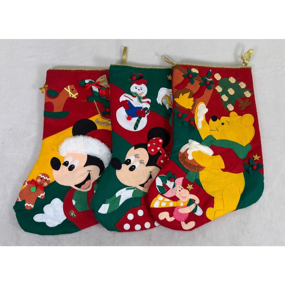3) Vintage 1994 Disney Felt 20" XL 3D Christmas Stocking Minnie Mickey Winnie